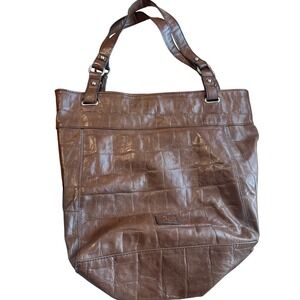 Plum Brown Croc Embossed Faux Leather Tote Bag Lg Shoulder Bag Silver Hardware